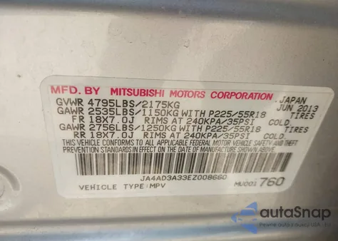 2014 Mitsubishi Outlander Se from USA, damaged, VIN JA4AD3A33EZ008660